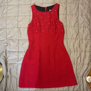 xoxo in america and abroad red sinched waist red dress with sparkly top buttons
